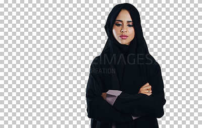 Buy stock photo Muslim, woman and thinking with hijab or arms crossed for idea, corporate career or contemplating for startup. Business, person and islamic entrepreneur or face isolated on png transparent background