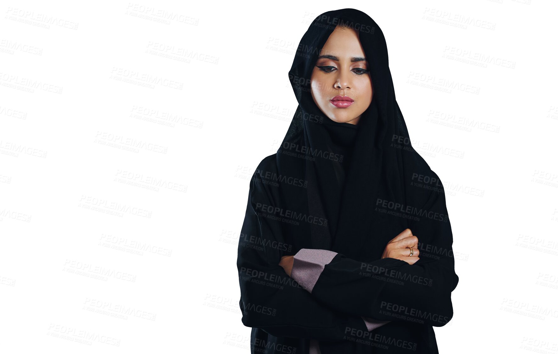 Buy stock photo Muslim, woman and thinking with hijab or arms crossed for idea, corporate career or contemplating for startup. Business, person and islamic entrepreneur or face isolated on png transparent background