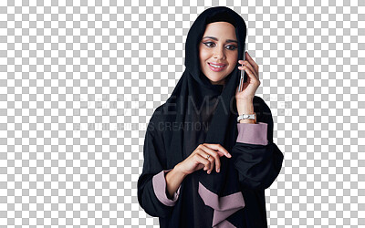 Buy stock photo Happy woman, muslim and phone call with hijab for communication in traditional fashion on a transparent PNG background. Islamic female person or Arab with smile on mobile smartphone for conversation