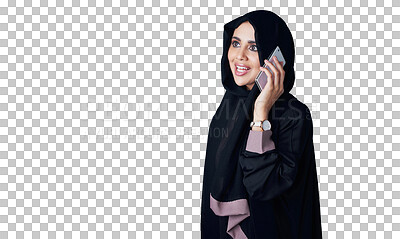 Buy stock photo Happy woman, muslim and phone call with hijab in fashion or tradition for communication on a transparent PNG background. Islamic female person or Arab with smile on mobile smartphone for conversation