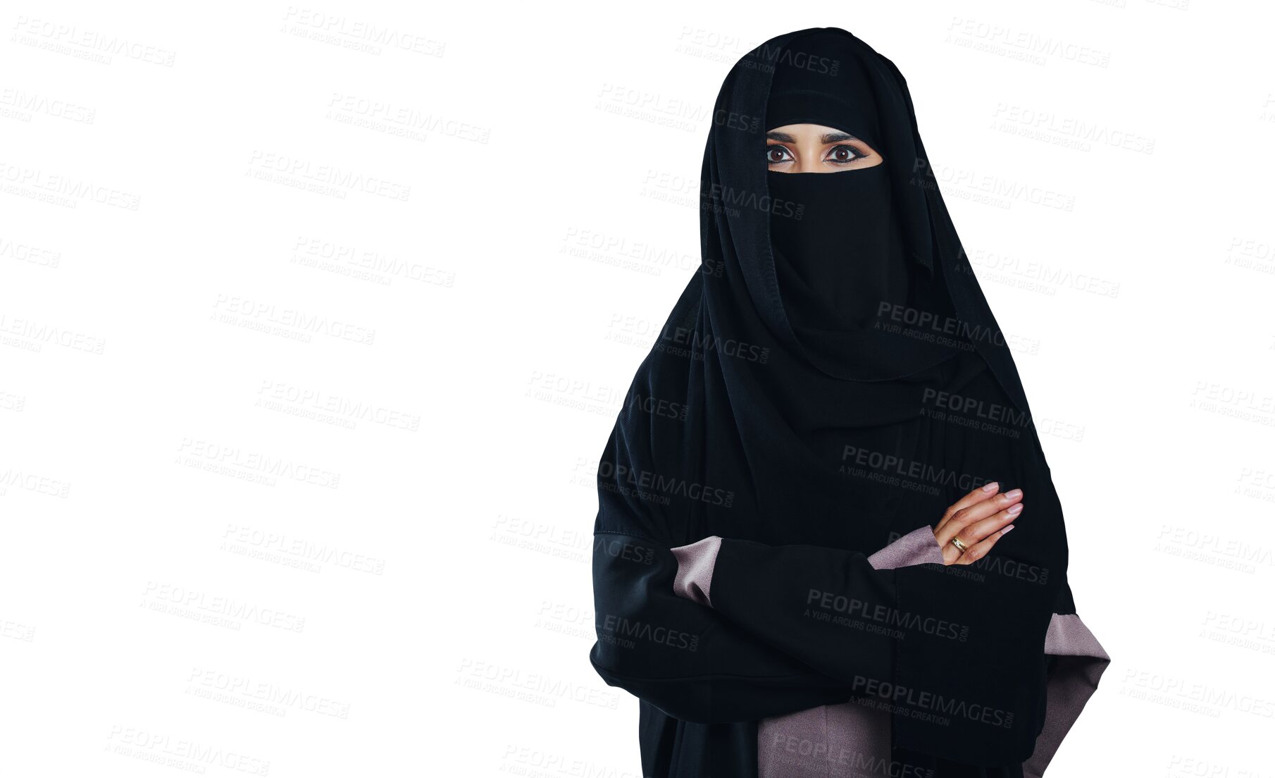 Buy stock photo Woman, portrait and muslim with niqab in confidence for fashion hijab, scarf or tradition on a transparent PNG background. Islamic female person, Saudi or Arabian model with outfit, burka or cover