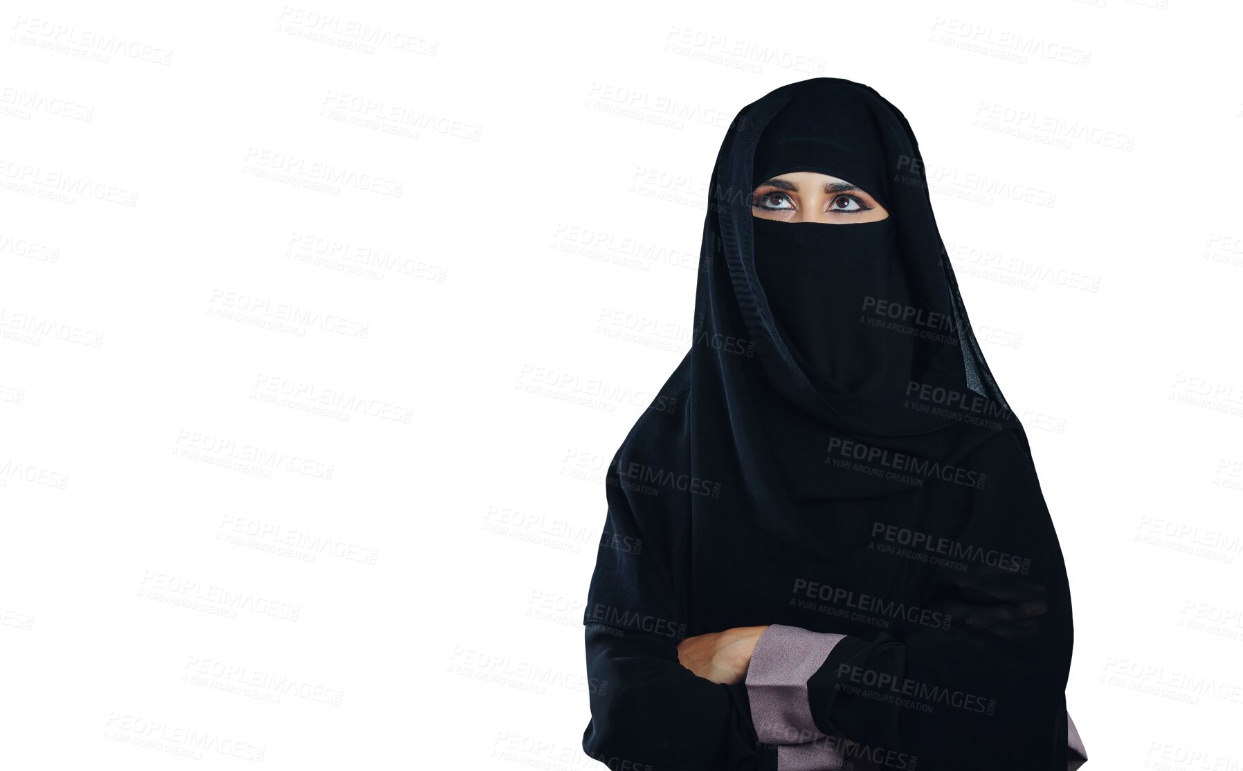 Buy stock photo Muslim, woman and thinking with niqab or arms crossed for idea, daydreaming or contemplating with relax. Islamic, person and arabic scarf or fabric for religion isolated on png transparent background
