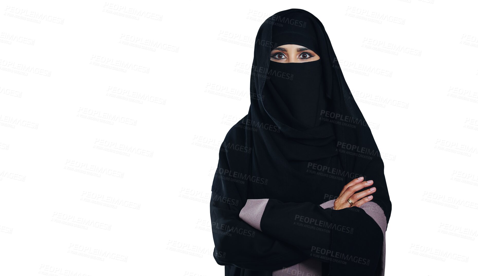 Buy stock photo Woman, portrait and muslim in confidence with niqab hijab, scarf or traditional fashion on a transparent PNG background. Islamic female person, Saudi or Arabian model with outfit, burka or cover