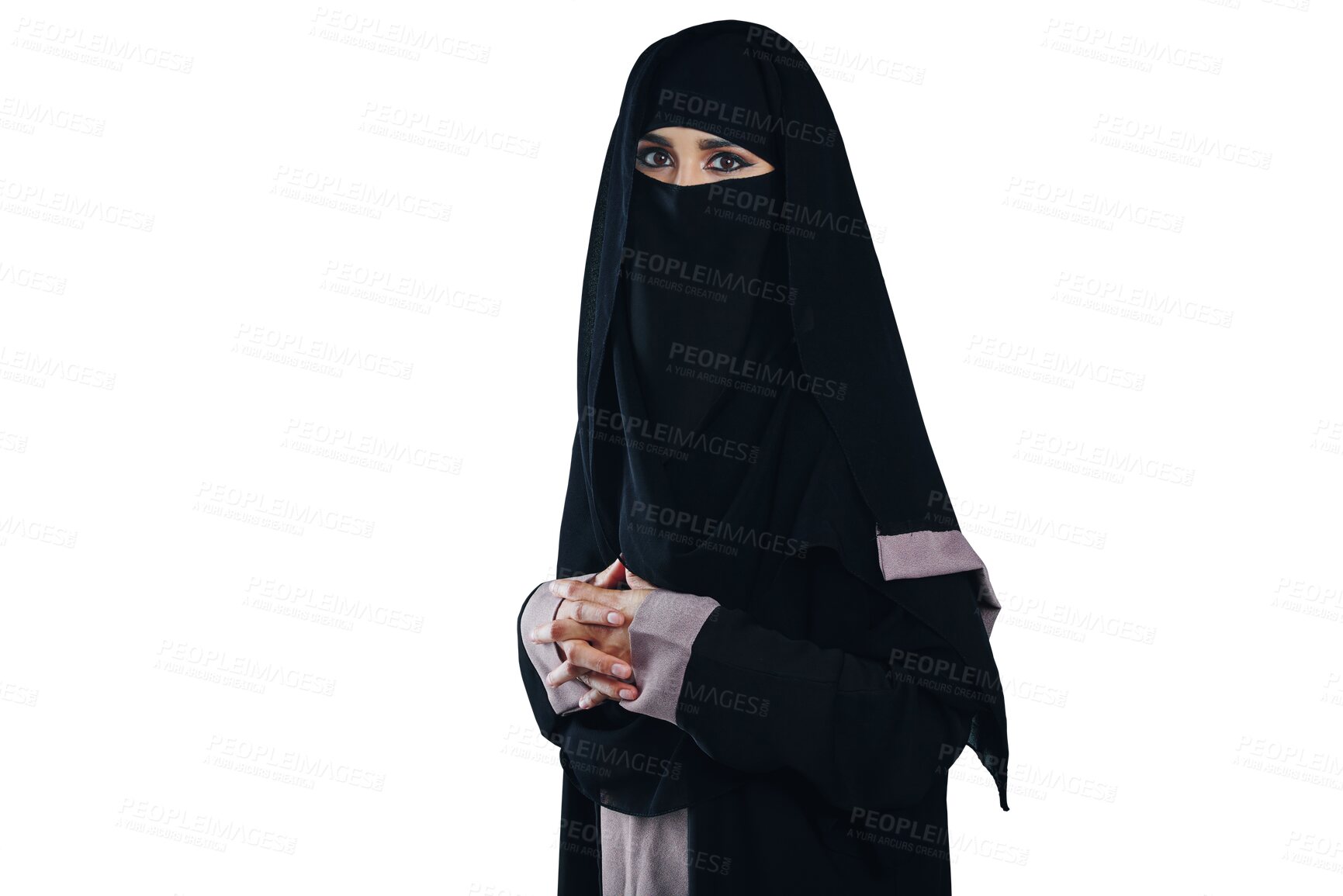 Buy stock photo Muslim, woman and portrait with niqab or confident for corporate career, startup and human resource agency. Business, person and islamic entrepreneur or pride isolated on png transparent background