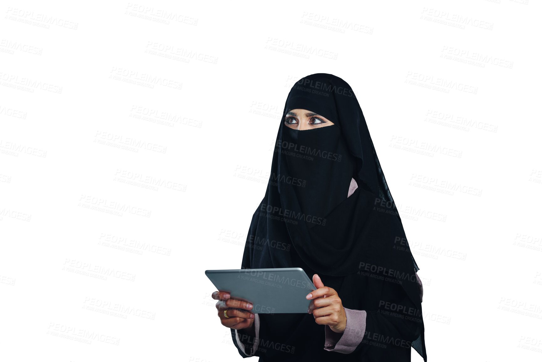 Buy stock photo Woman, muslim and thinking with tablet or internet with technology or isolated, transparent or png background. Female person, burka and connectivity in Dubai for web decision, research or browsing