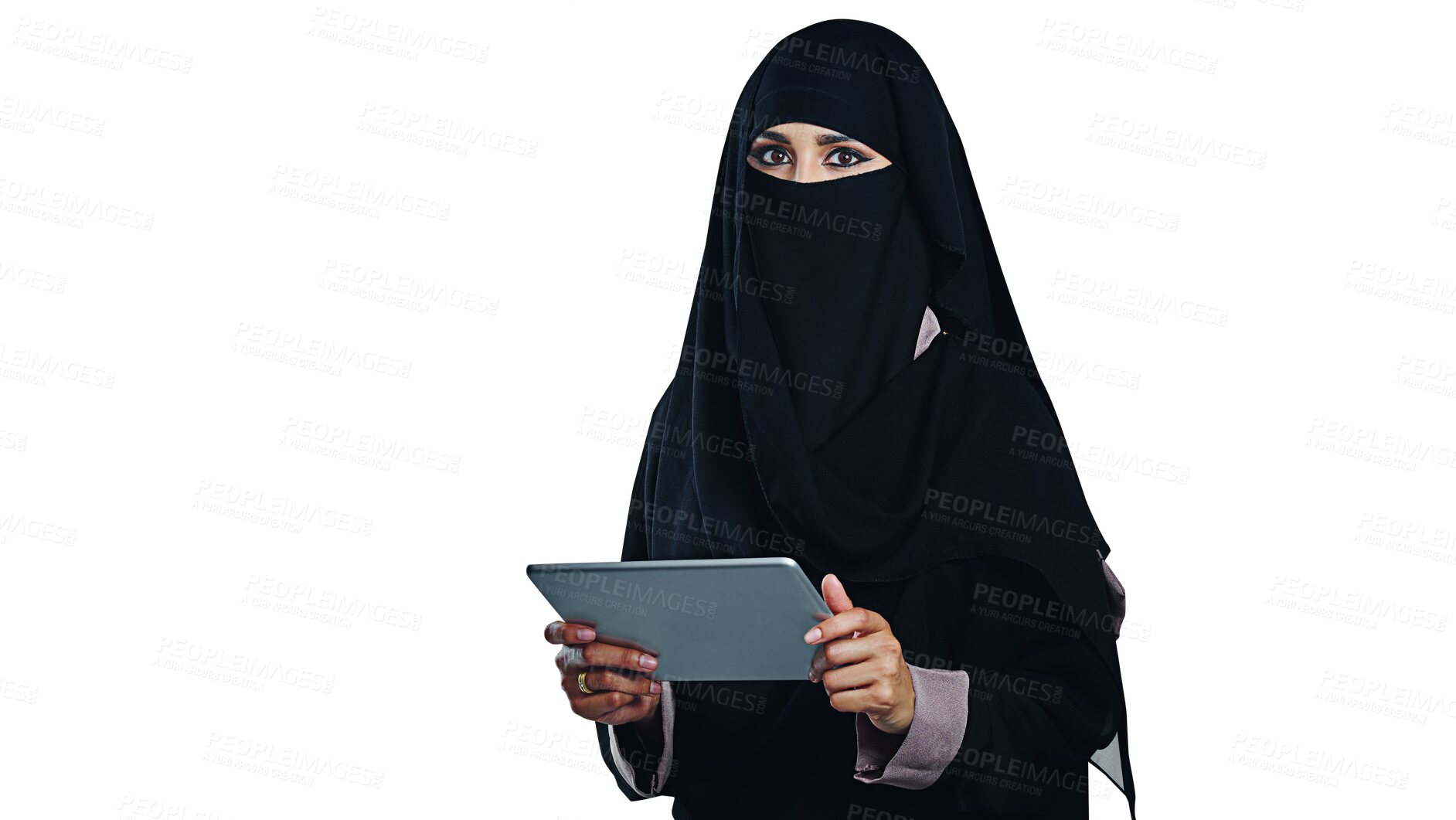 Buy stock photo Woman, muslim and portrait with tablet or technology for social media or isolated, transparent or png background. Female person, burka and connectivity in Dubai for web decision, research or browsing