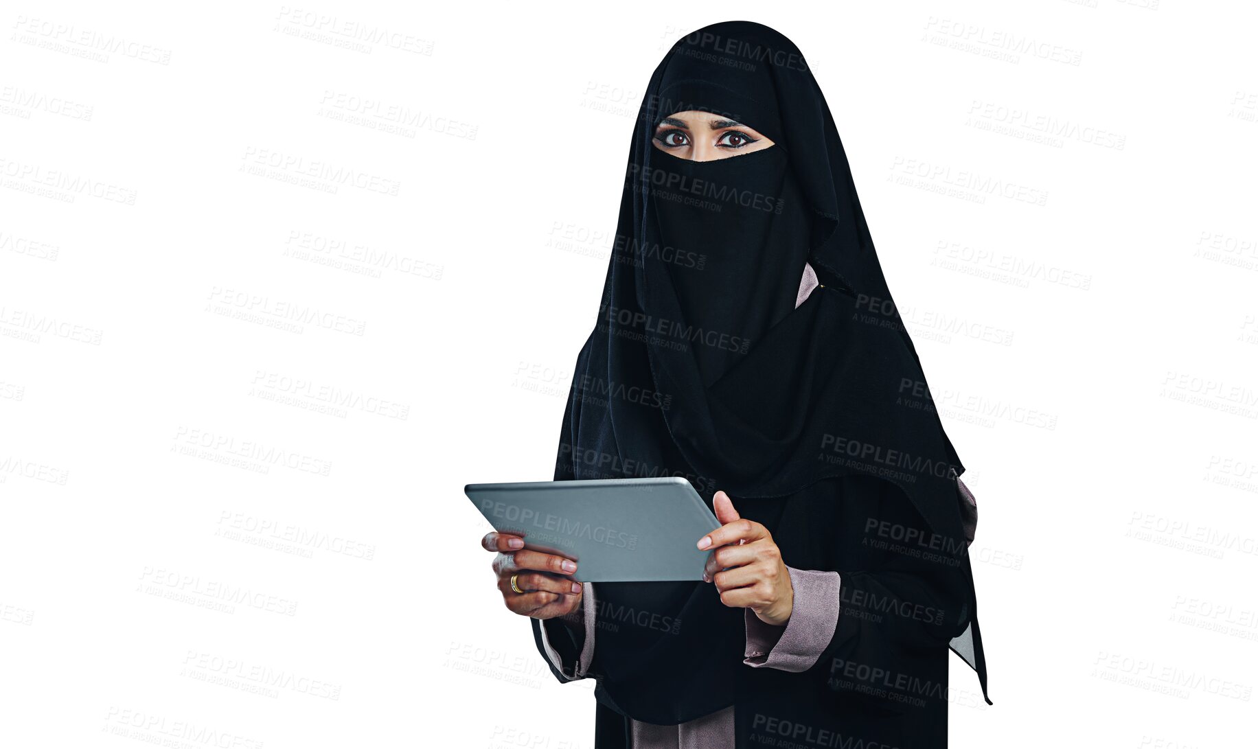 Buy stock photo Muslim, woman and portrait with tablet online for social media or streaming on transparent or png background. Niqab, girl and reading ebook, blog or article with tech and isolated person in burka