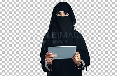 Buy stock photo Portrait, woman and hijab with tablet for entrepreneurship, small business and social media browsing. Businesswoman with head scarf, digital touch screen and isolated on transparent png background
