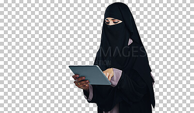 Buy stock photo Muslim, woman and social media on tablet or online streaming in transparent or png background. Niqab, girl and scroll on website blog with tech or reading ebook, article or isolated person in burka