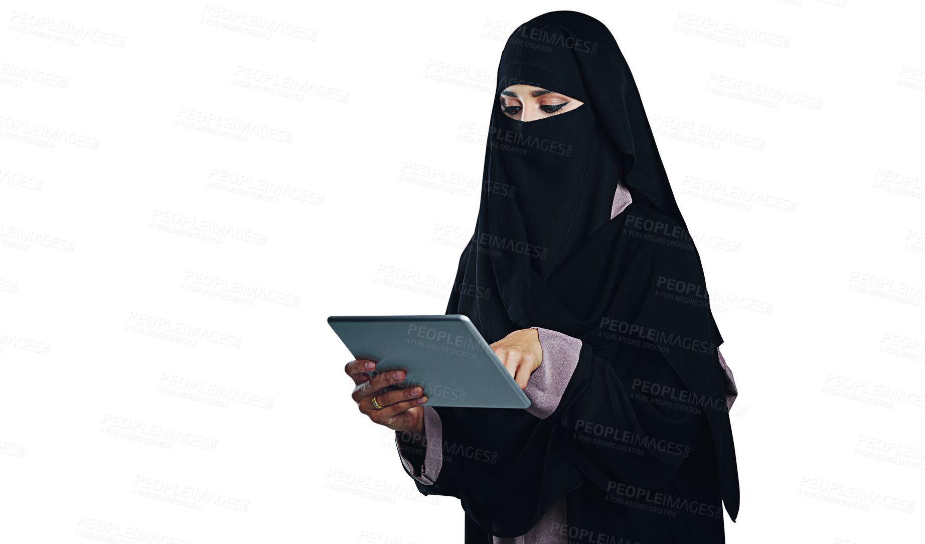 Buy stock photo Muslim, woman and social media on tablet or online streaming in transparent or png background. Niqab, girl and scroll on website blog with tech or reading ebook, article or isolated person in burka