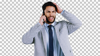 Buy stock photo Business, phone call and man confused by bad news, glitch or poor connection on isolated, transparent or png background. Startup, stress and entrepreneur with smartphone fail, disaster or 404 crisis