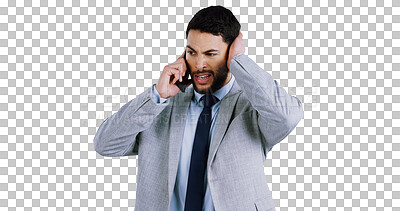 Buy stock photo Phone call, business and man confused by bad news, glitch or poor connection on isolated, transparent or png background. Startup, stress and entrepreneur with smartphone fail, disaster or 404 crisis