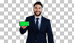 Business man, phone green screen and presentation for stock market, trading software or registration in studio. Portrait of professional trader with mobile app or website mockup on a white background