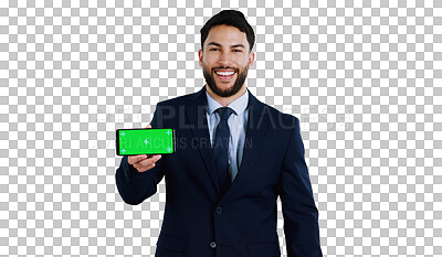 Buy stock photo Green screen, phone and businessman portrait with mockup on isolated, transparent or png background. Smartphone, display or face of entrepreneur with space for social media, sign up or platform offer