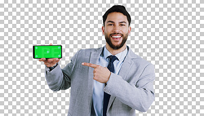 Buy stock photo Businessman, portrait and phone with green screen in hand, pointing to social media on transparent or png background. Smartphone, registration and job from web, application or isolated feedback