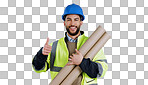 Engineering, man and thumbs up for architecture success, renovation and design planning with blueprint in studio. Portrait of construction worker or contractor with like emoji on a white background