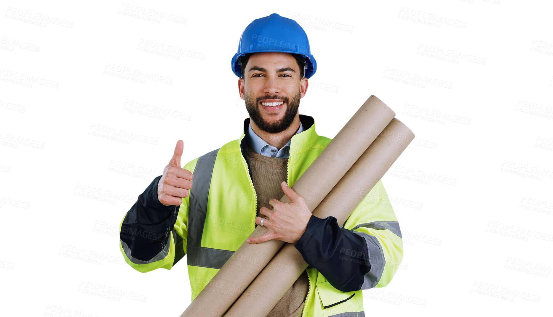 Buy stock photo Man, portrait and architect or thumbs up for blueprints as construction building, recommendation or renovation. Male person, face and isolated on transparent png background, project planning or site