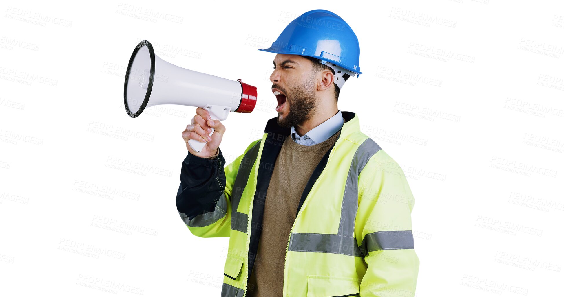 Buy stock photo Speech, megaphone and angry with man construction worker isolated on transparent background for management. Architect, building and engineering with unhappy designer shouting instructions on PNG
