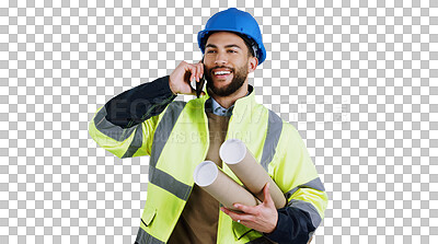 Buy stock photo Man, architect and phone call with blueprints for building construction for renovation, conversation or online. Male person, cellphone and isolated transparent png background, project or engineering