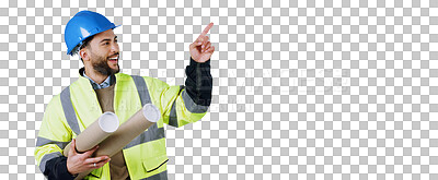 Buy stock photo Man, architect and pointing or blueprints as construction building review or recommendation, opinion or about us. Male person, contractor and isolated transparent png background, deal or information