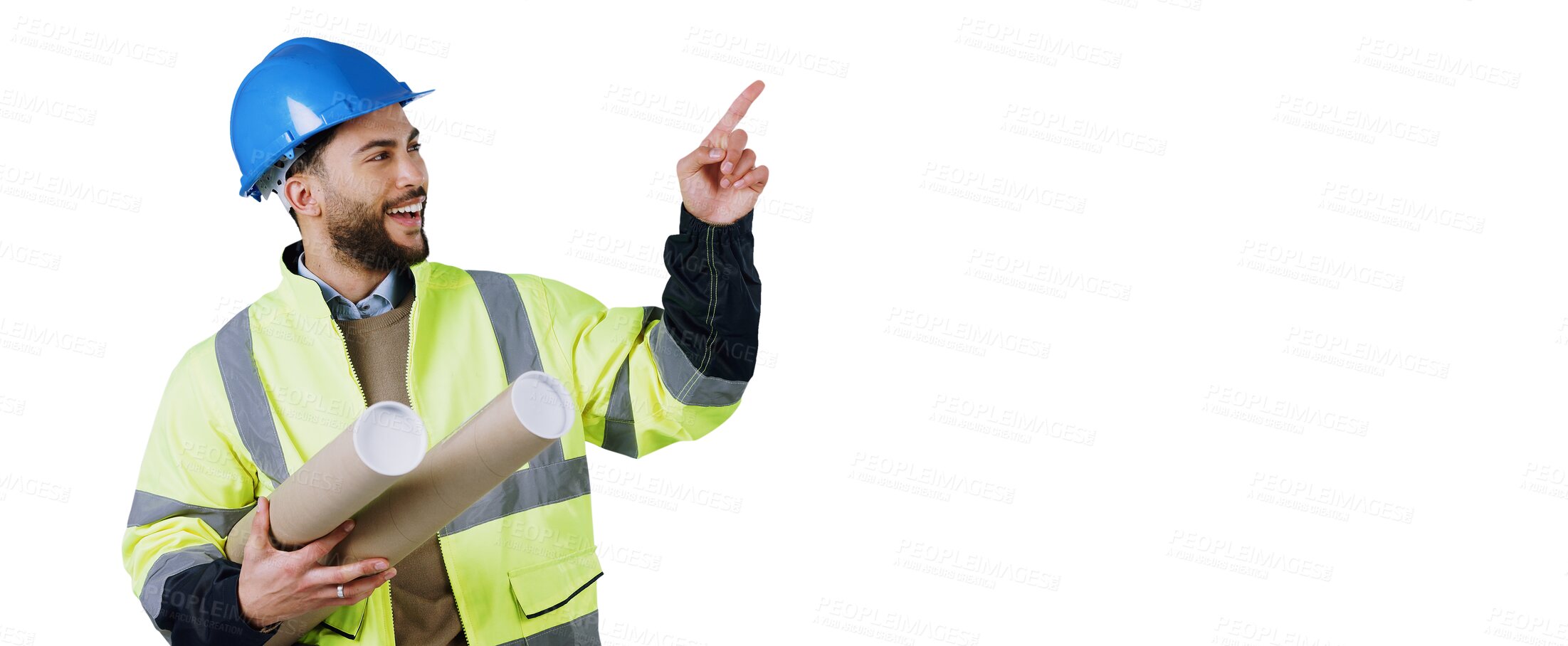 Buy stock photo Man, architect and pointing or blueprints as construction building review or recommendation, opinion or about us. Male person, contractor and isolated transparent png background, deal or information