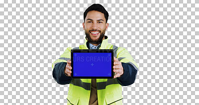 Buy stock photo Portrait, tablet and green screen with construction worker man isolated on transparent background. Technology, advertising and marketing with happy young designer, engineer or technician on PNG