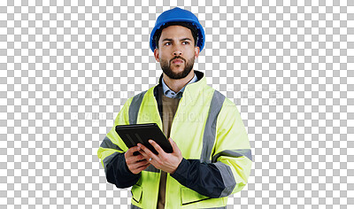 Buy stock photo Architect, thinking and man with tablet for construction, research or planning or isolated, transparent or png background. Building, idea and male engineer with digital app for architecture or design