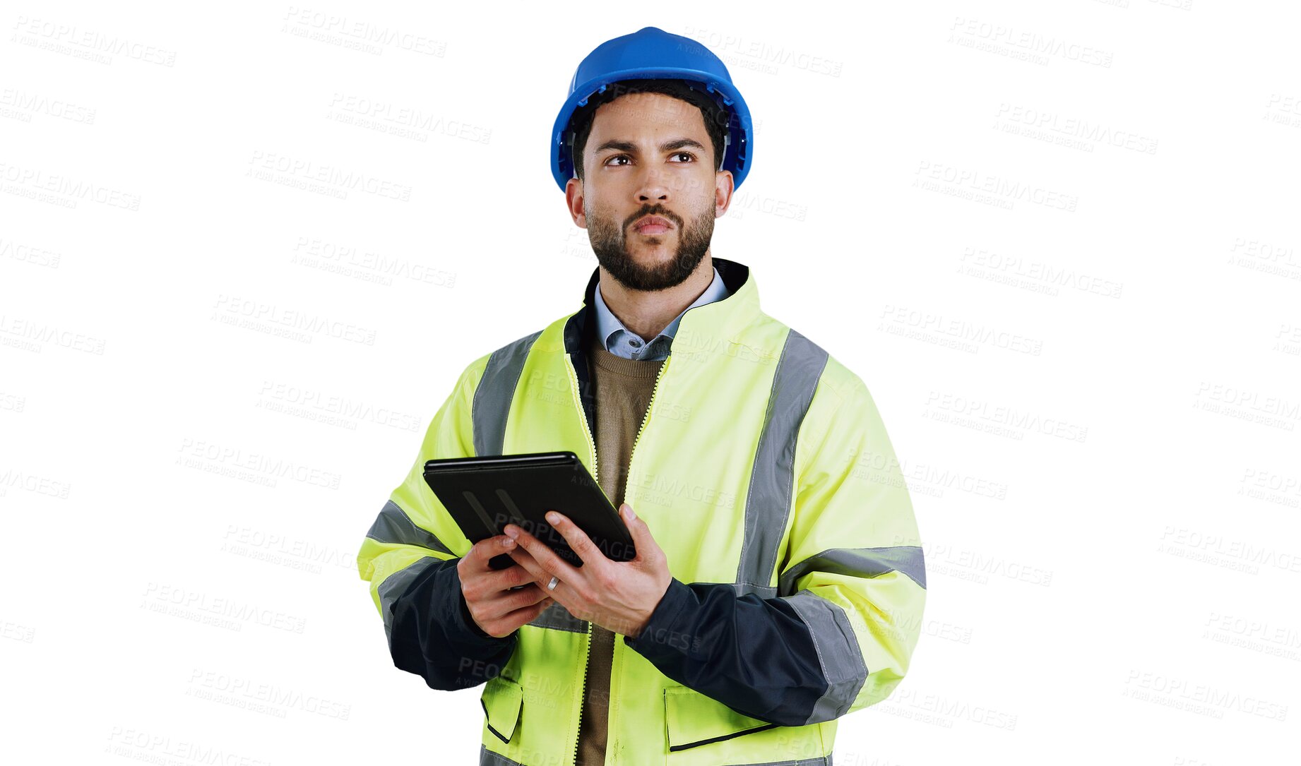 Buy stock photo Architect, thinking and man with tablet for construction, research or planning or isolated, transparent or png background. Building, idea and male engineer with digital app for architecture or design