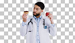 Doctor, apple or donut for choice in health for nutrition in studio on white background for mock up. Man, male model or medical professional with thinking of diet, food or offer for eating in Mexico