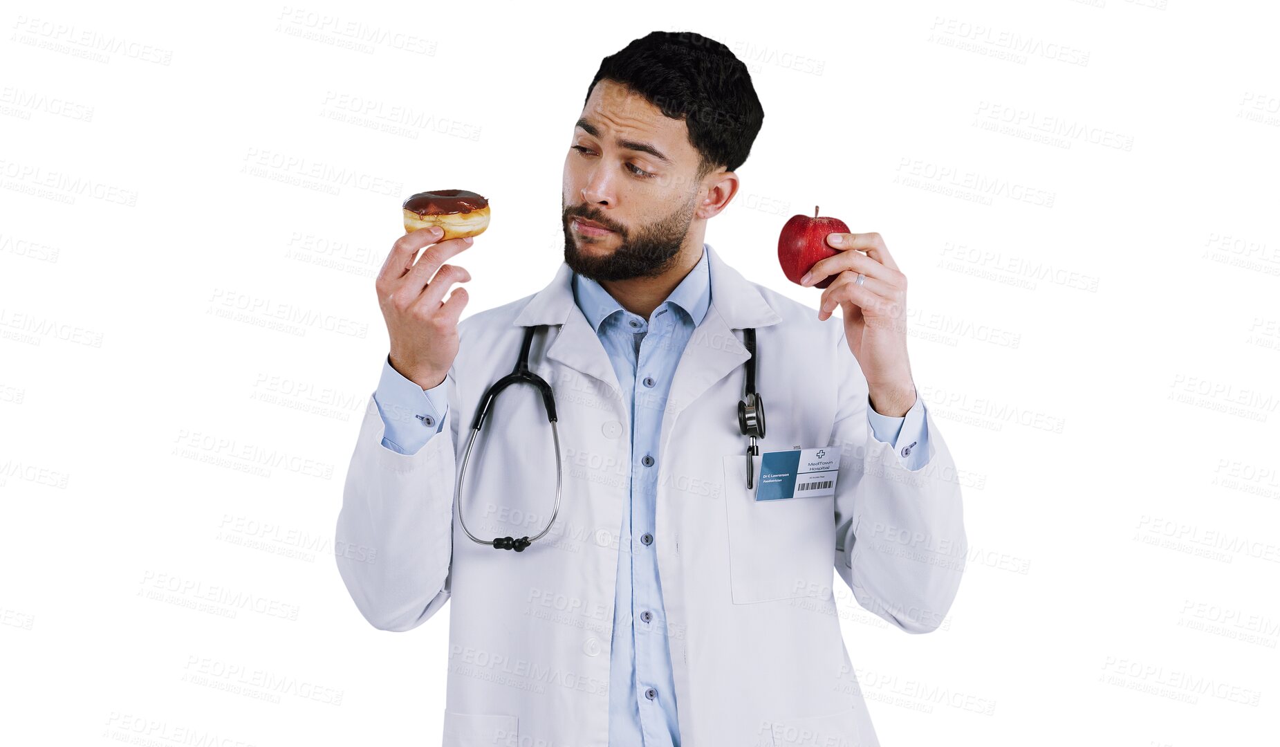 Buy stock photo Doctor, apple and donut for choice in health, nutrition and isolated on transparent png background. Man, decision and medical professional for thinking of diet, food and snack or offer for eating
