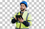 Engineering, man and tablet for inspection, thinking of renovation or project management on a white background. Construction worker for architecture survey, planning and digital technology in studio