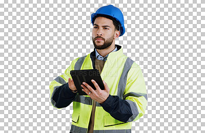 Buy stock photo Man, construction worker and thinking with tablet or building project, contractor or decision. Male person, hard hat and renovation app or isolated transparent png background, engineering or internet