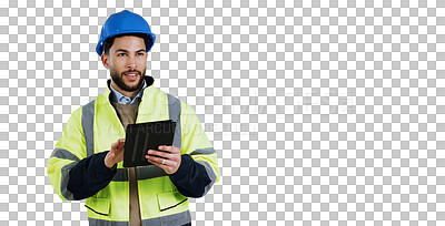 Buy stock photo Man, construction worker and thinking with tablet for architect project, contractor or decision. Male person, hard hat and renovation app or isolated transparent png background, career or internet
