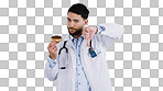 Man, doctor and thumbs down for choice in studio, donut and unhealthy snack in mockup. Mexican person, nutritionist and portrait or no, advice and opinion on diet, fail and food by gray background
