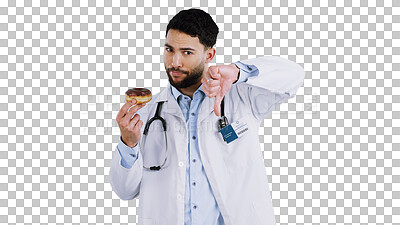 Buy stock photo Man, doctor and thumbs down for donut in portrait, fail and unhealthy snack. Male person, no and dislike emoji or icon, advice and opinion on diet, disagree and isolated on transparent png background