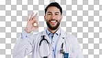 Happy man, portrait and doctor with OK sign for healthcare approval against a gray studio background. Face of male person or medical nurse smile with like emoji, okay or yes sign for perfect health