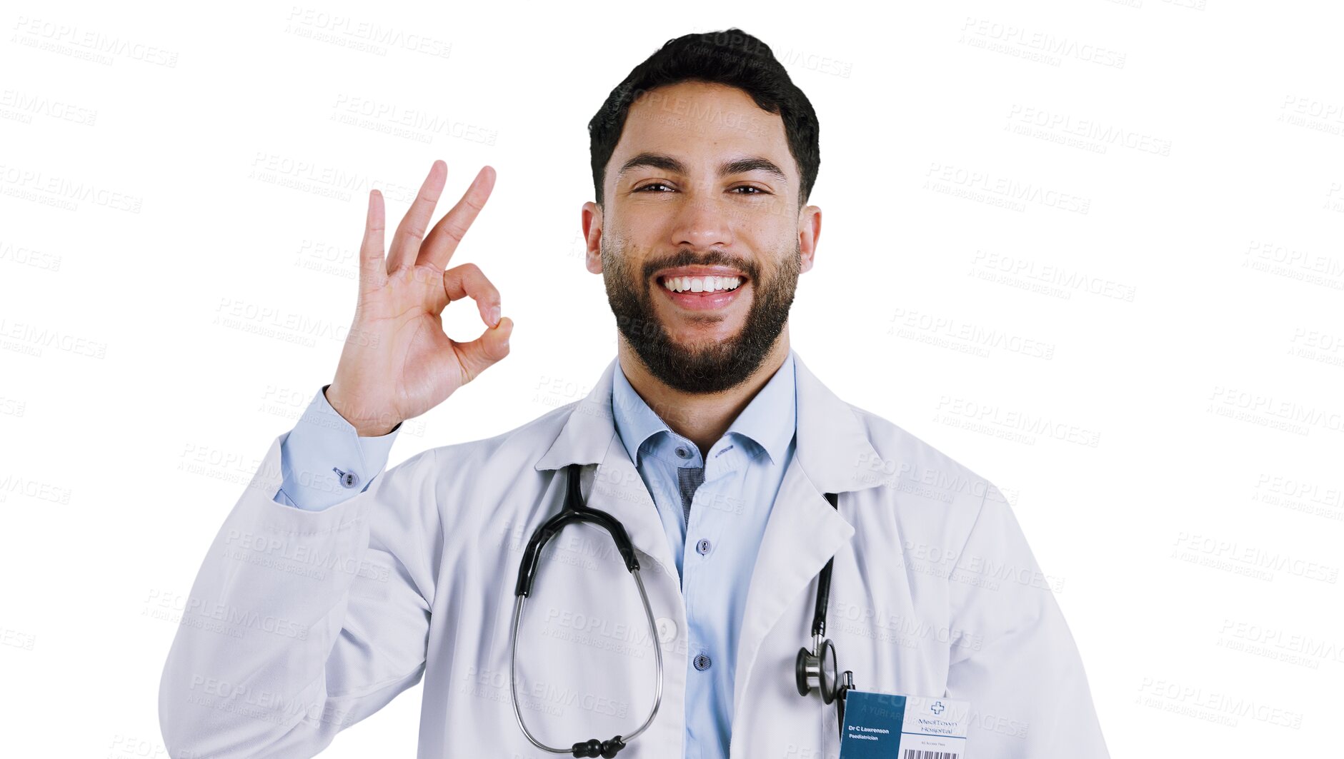 Buy stock photo Happy man, portrait and doctor with OK sign, healthcare and isolated on transparent png background. Male person, medical professional and smile for like emoji, well done and approval for wellness