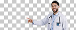 Portrait, smile and doctor pointing at presentation, mockup or space on a white background. Face, happy medical professional advertising and announcement of info, healthcare man and marketing gesture