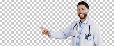 Buy stock photo Doctor, man and portrait, pointing at presentation with smile for medical information and advertising on png transparent background. Healthcare, communication and promotion with review or feedback 