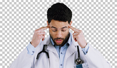 Buy stock photo Healthcare, stress and man doctor with headache, pain or vertigo on isolated, transparent or png background. Hospital, mistake and male surgeon with burnout, brain fog or regret, disaster or crisis