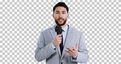 Buy stock photo Portrait, microphone and news report with man isolated on transparent background for live broadcast. Media, speech or television with confident young anchor or journalist in suit for reporting on PNG