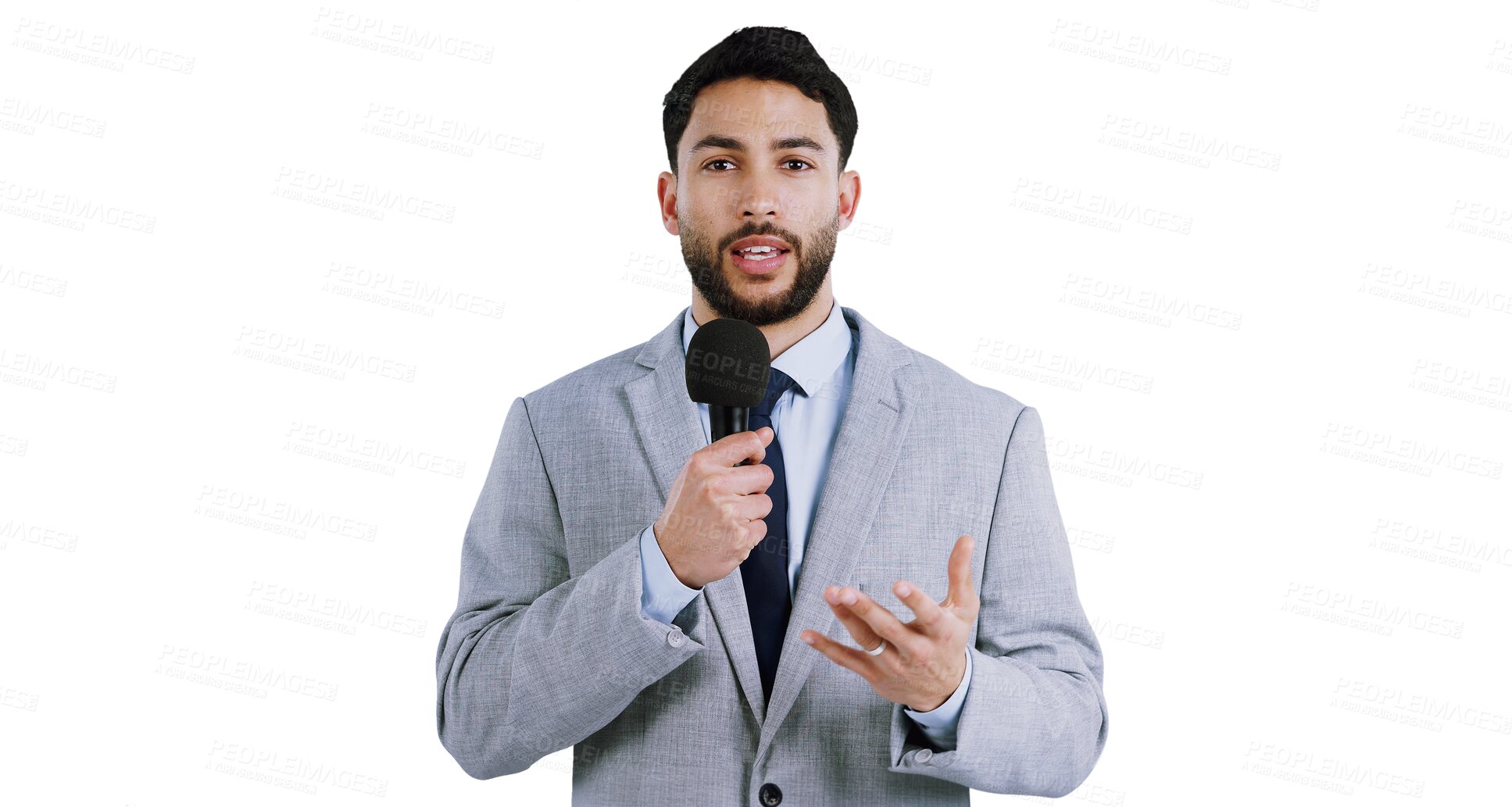 Buy stock photo Portrait, microphone and news report with man isolated on transparent background for live broadcast. Media, speech or television with confident young anchor or journalist in suit for reporting on PNG
