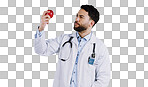 Healthcare, doctor and apple for holding in studio for mockup in nutrition on white background. Mexican person, male model or medical professional for red fruit in vegan, vegetarian or diet in space