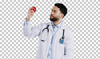 Healthcare, doctor and apple for holding in studio for mockup in nutrition on white background. Mexican person, male model or medical professional for red fruit in vegan, vegetarian or diet in space