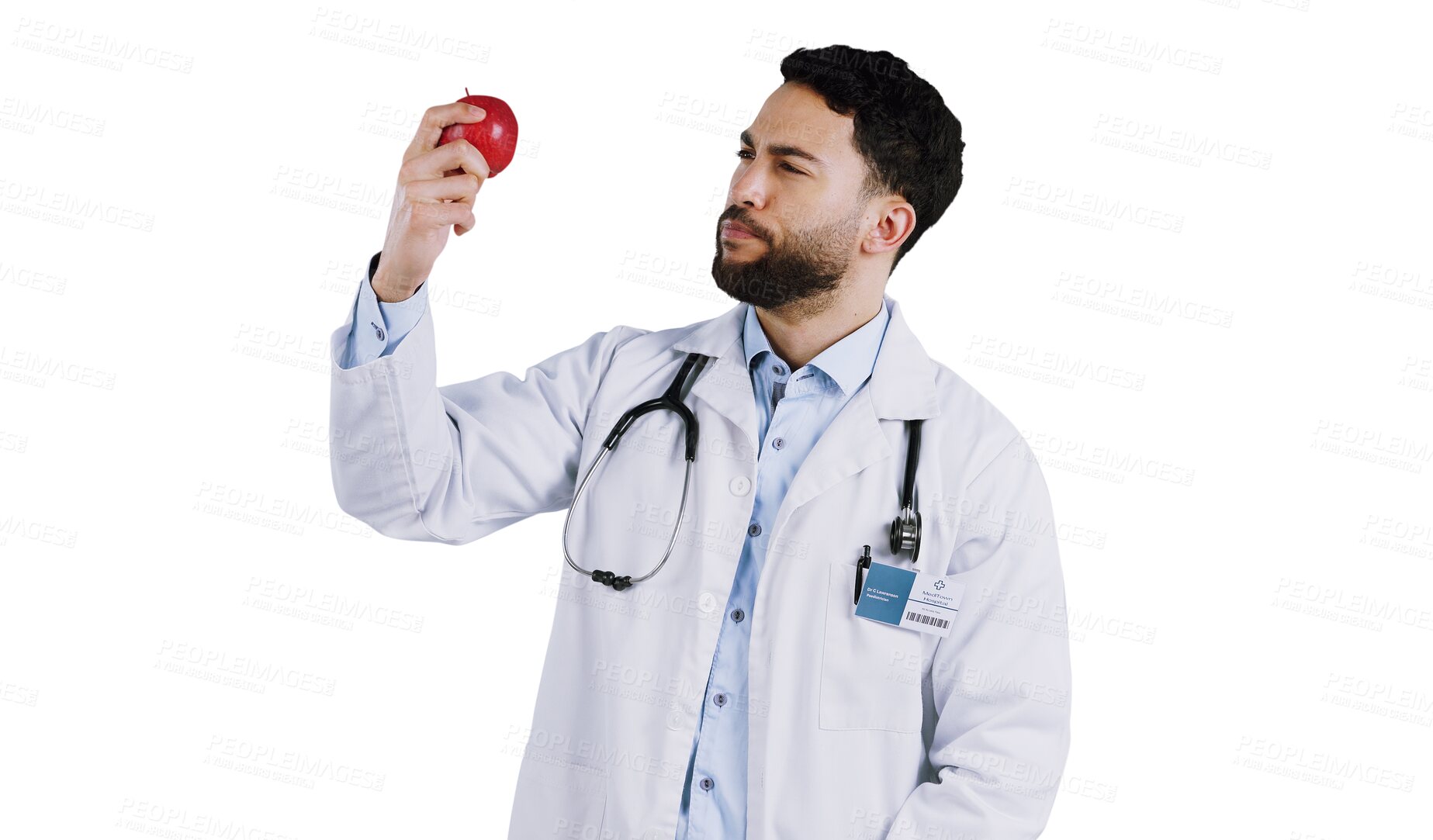 Buy stock photo Healthcare, doctor and thinking with apple for nutrition, vegan snack and organic food for wellness. Male person, medicare and healthy fruit in diet, choice and isolated on transparent png background