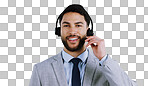 Business man, call center and headphones for communication, customer support and e commerce service in studio. Portrait of Mexican consultant or agent for contact us isolated on a white background