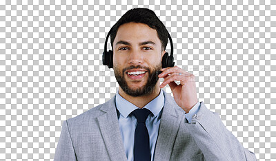 Buy stock photo Portrait, call center or happy man consulting for contact us, faq or crm on isolated, transparent or png background. Telemarketing, face or lead generation consultant with friendly help or loan guide