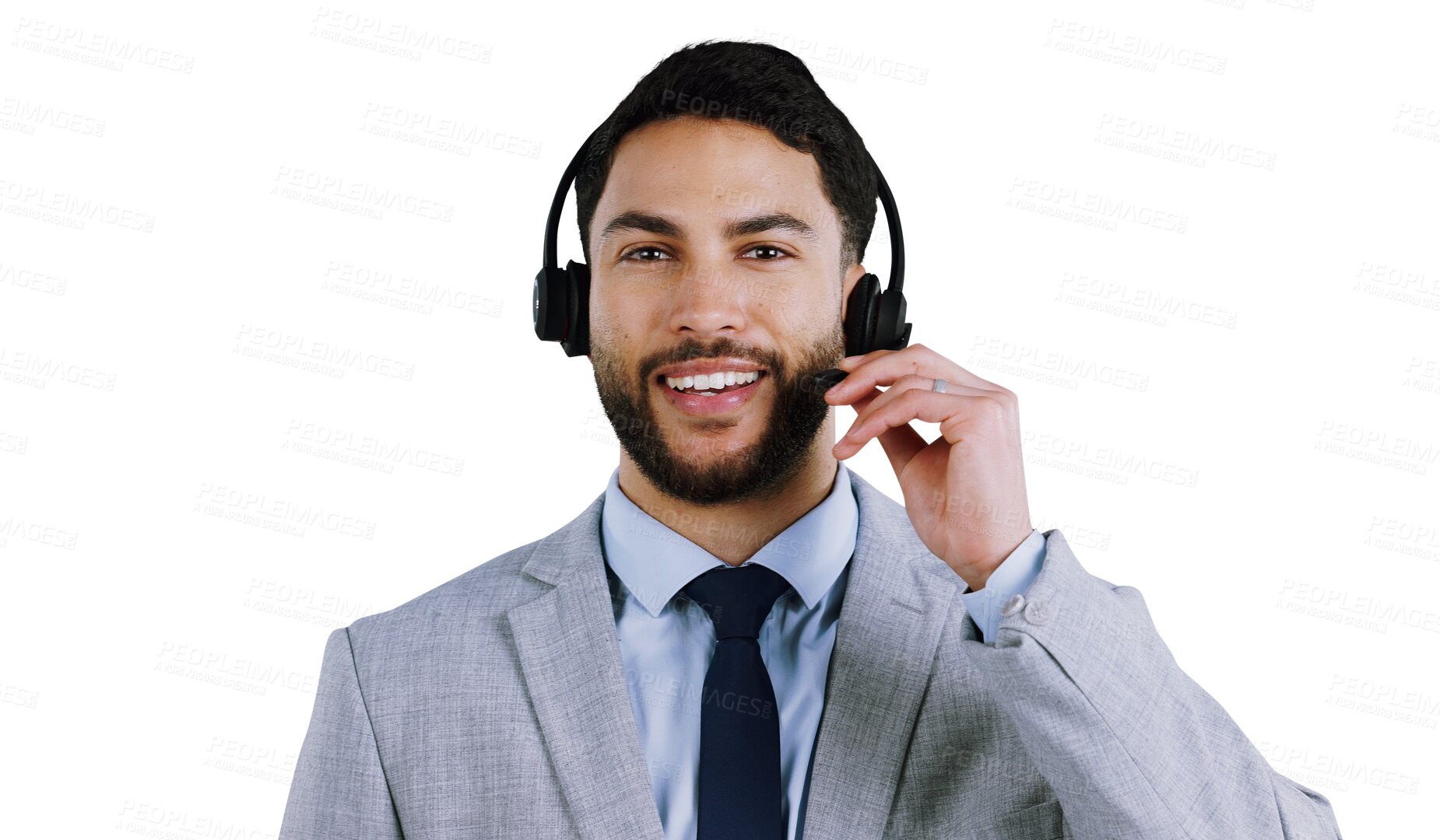 Buy stock photo Portrait, call center or happy man consulting for contact us, faq or crm on isolated, transparent or png background. Telemarketing, face or lead generation consultant with friendly help or loan guide