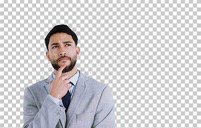 Buy stock photo Businessman, face and thinking on idea, solution and planning or isolated on transparent png background. Male person, wonder and thought for contemplating on memory, remember or problem solving
