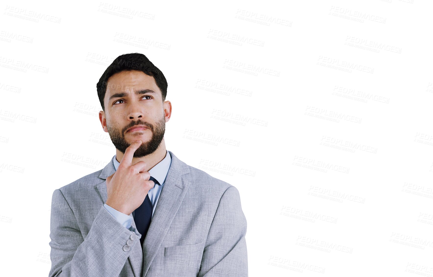 Buy stock photo Businessman, face and thinking on idea, solution and planning or isolated on transparent png background. Male person, wonder and thought for contemplating on memory, remember or problem solving